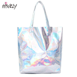 Women Laser Hologram Shoulder Bag Large Capacity Tote Silver