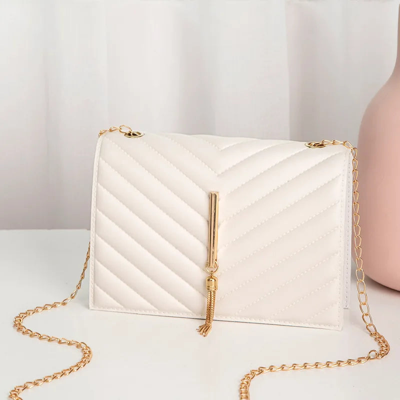 Women Metal Tassel Chain Shoulder Bag PU Leather Crossbody Handbag