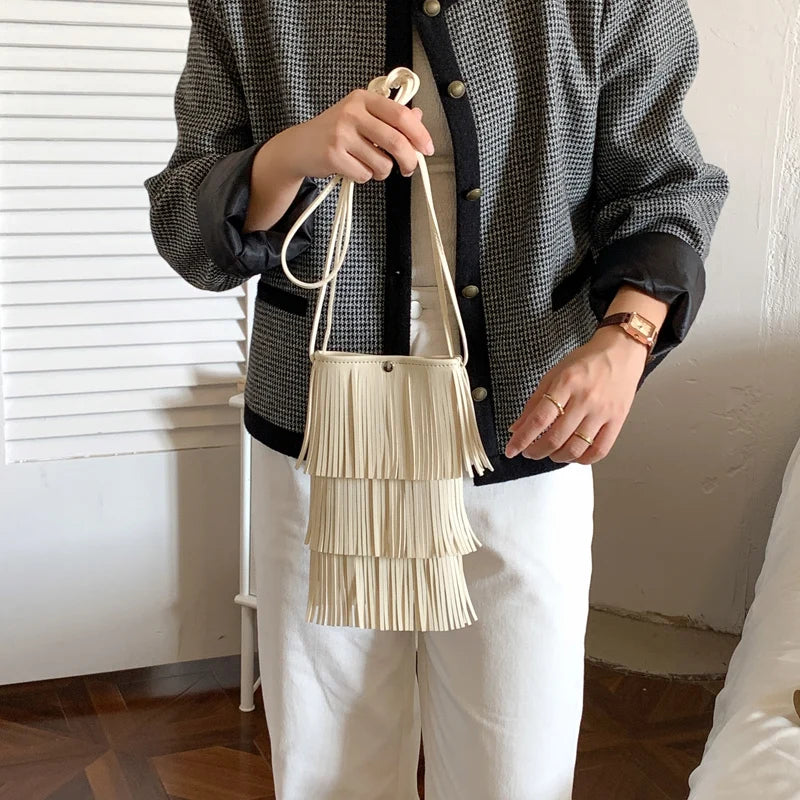 Women's Tassels Phone Bag Soft PU Leather Small Shoulder Crossbody Bag