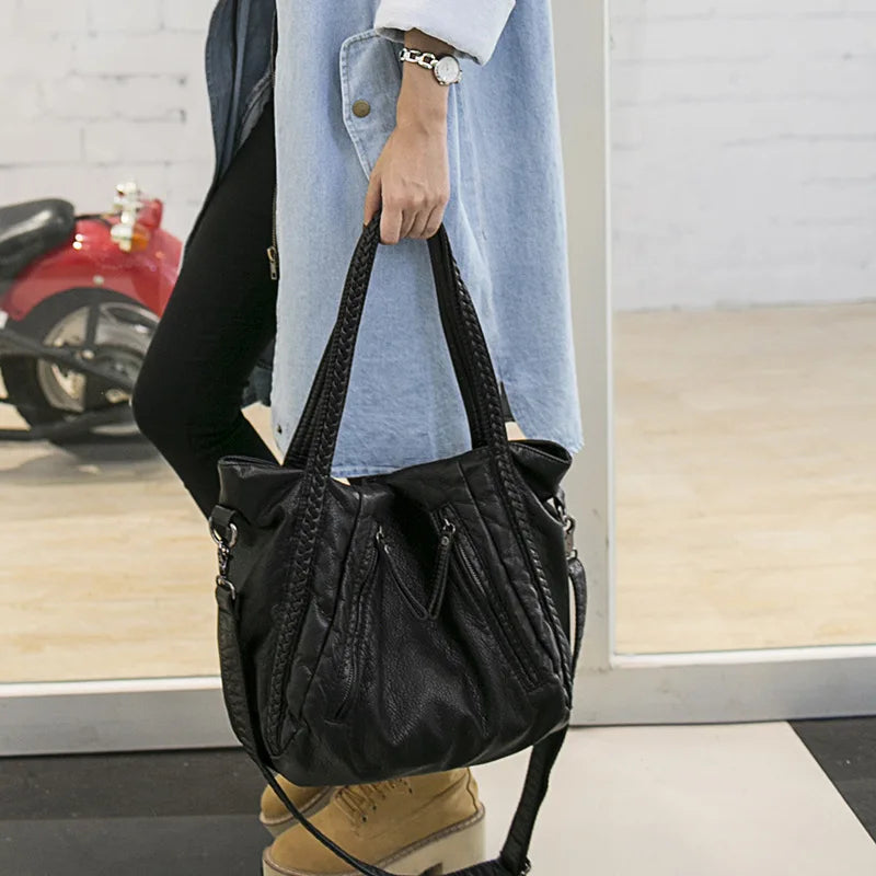 Women's Washed Leather Shoulder Bag Soft Leather Big Bag