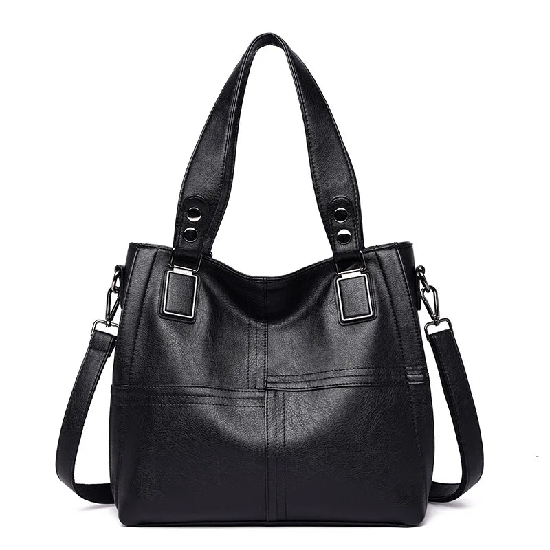 Women's PU Leather Tote Bag Solid Stitching Shoulder Messenger Bag