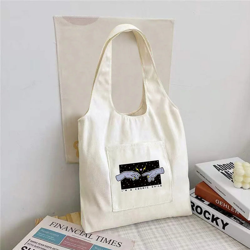 Women's Hand Print Canvas Vest Shoulder Bag Large Capacity Tote Bag