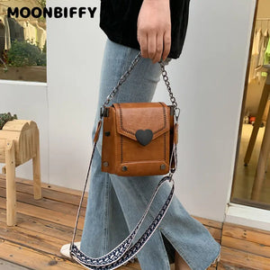 Women's PU Leather Messenger Crossbody Bag Retro Heart-Shaped Lock Shoulder Bag