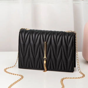 Tassel Small Square Bag with Metal Chain PU Leather Crossbody Bag