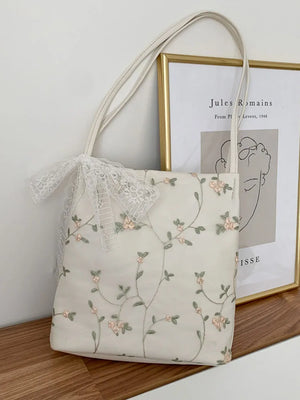 Women Girls Shoulder Bag Large Capacity Embroidered Lace Flower Tote Bags