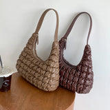 Women's Shoulder Bag Pleated PU Leather Embroidery Check Hobos Handbag