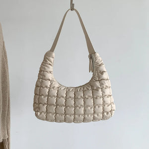 Women's Shoulder Bag Pleated PU Leather Embroidery Check Hobos Handbag