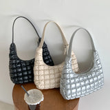 Women's Shoulder Bag Pleated PU Leather Embroidery Check Hobos Handbag