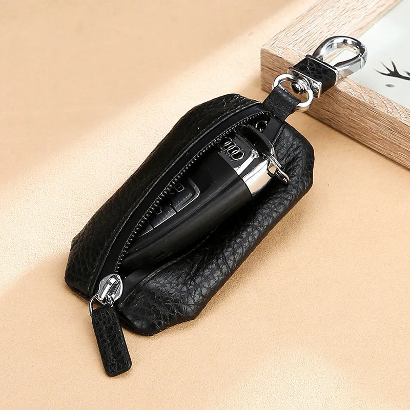 Leather Car Key Case Cowhide Lychee Pattern Waterproof Zipper