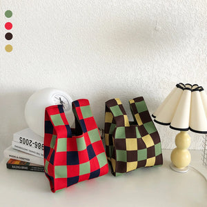 Plaid Knitting Women Shoulder Bag Hollow Out Tote Female Handbag