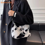 Leopard Flower Print Plush Handbag Chain Tote Bags
