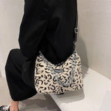 Leopard Flower Print Plush Handbag Chain Tote Bags