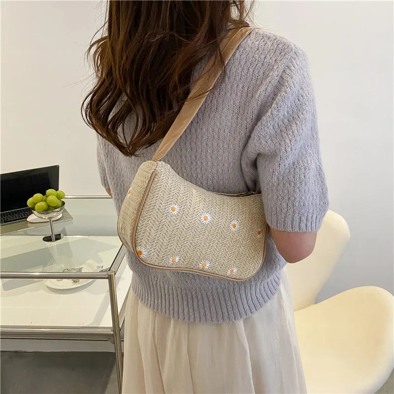 Summer Straw Woven Bag Women's Western Style Lace Flower Woven Bag