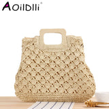 Retro Straw Beach Tote Bag Wooden Handle Large Capacity