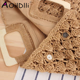Retro Straw Beach Tote Bag Wooden Handle Large Capacity
