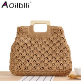 Retro Straw Beach Tote Bag Wooden Handle Large Capacity
