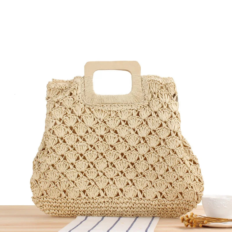 Retro Straw Beach Tote Bag Wooden Handle Large Capacity
