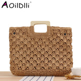 Retro Straw Beach Tote Bag Wooden Handle Large Capacity