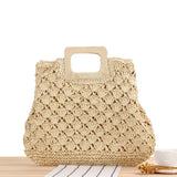 Retro Straw Beach Tote Bag Wooden Handle Large Capacity