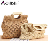Retro Straw Beach Tote Bag Wooden Handle Large Capacity