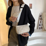 Retro Plaid Printing Shoulder Bags with Mini Round Purse Pendant