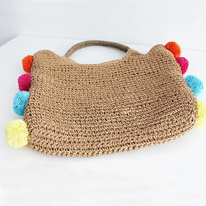Round Straw Beach Bag with Furry Ball Vintage Paper Woven Circle Shoulder Bag