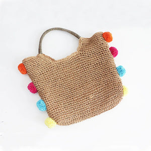 Round Straw Beach Bag with Furry Ball Vintage Paper Woven Circle Shoulder Bag
