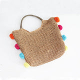 Round Straw Beach Bag with Furry Ball Vintage Paper Woven Circle Shoulder Bag