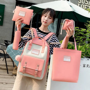 Canvas School Bags for Teenage Girls 5pcs Sets Backpack Women Totes