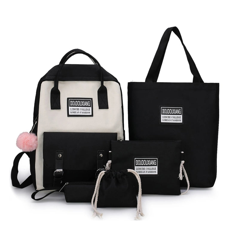 Canvas School Bags for Teenage Girls 5pcs Sets Backpack Women Totes