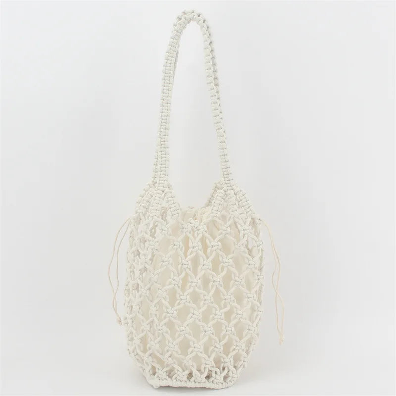 Retro Beach Bucket Handbag Hollow Cotton Thread Net Pocket