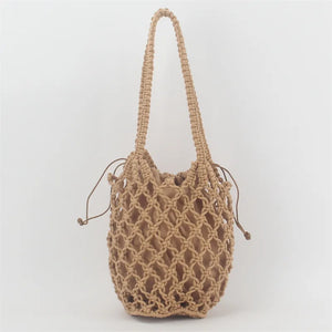 Retro Beach Bucket Handbag Hollow Cotton Thread Net Pocket