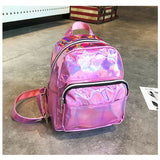 Silver Pink Laser Backpack PU Leather Multifunction Women Girls Bag