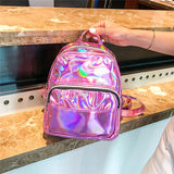 Silver Pink Laser Backpack PU Leather Multifunction Women Girls Bag