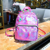 Silver Pink Laser Backpack PU Leather Multifunction Women Girls Bag