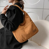 Corduroy Tote Bag for Women with Front Double Pocket Solid Girls Handbags