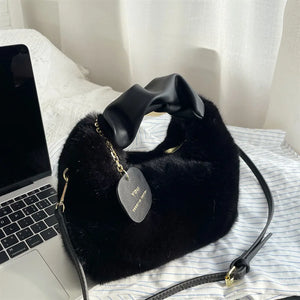 Women's Soft Faux Fur Bag with Pu Leather Handle