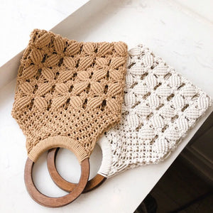 Spring Summer Woven Bag Hollow Beach Wooden Handle Ring Straw Handbag