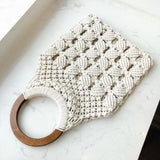 Spring Summer Woven Bag Hollow Beach Wooden Handle Ring Straw Handbag