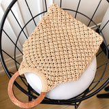 Spring Summer Woven Bag Hollow Beach Wooden Handle Ring Straw Handbag