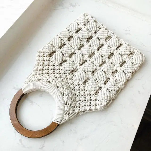 Spring Summer Woven Bag Hollow Beach Wooden Handle Ring Straw Handbag