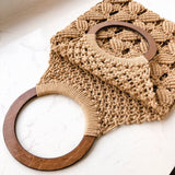 Spring Summer Woven Bag Hollow Beach Wooden Handle Ring Straw Handbag