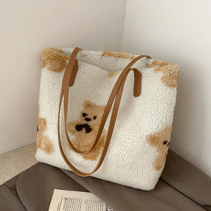 Lamb Plush Bear Bag Women Shoulder Bags Large Capacity Tote Bag All-match Hot