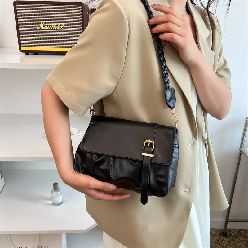 Spring Shoulder Bag with Knited Strap Fold Handbag