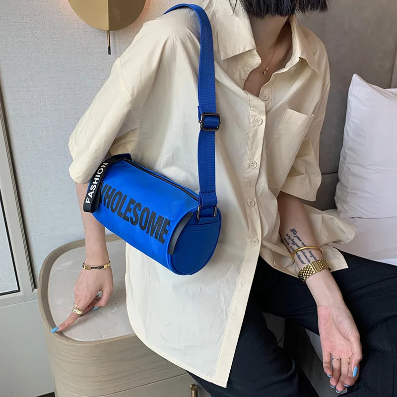 Summer Barrel Shape Shoulder Bag Women Nylon Letters Crossbody Bag
