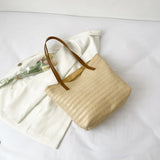 Beach Straw Bag Leather Ladies Shoulder Bag Canvas Travel Tote
