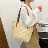 Beach Straw Bag Leather Ladies Shoulder Bag Canvas Travel Tote