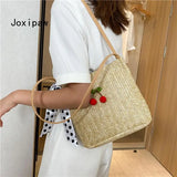 Summer Dot Silk Scarf Straw Shoulder Bag for Women