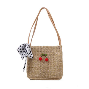 Summer Dot Silk Scarf Straw Shoulder Bag for Women