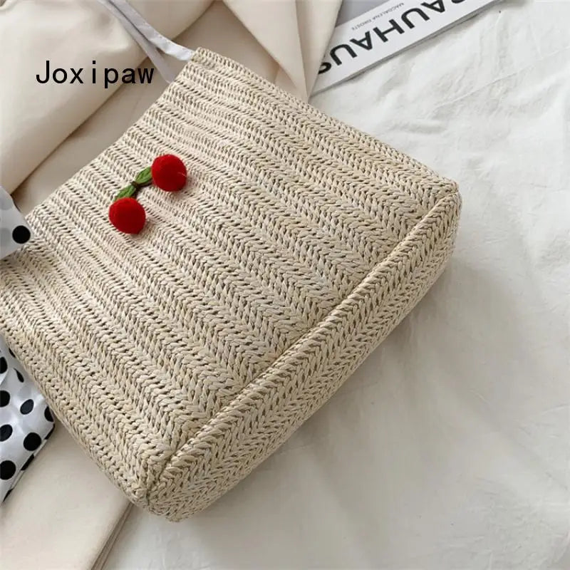 Summer Dot Silk Scarf Straw Shoulder Bag for Women